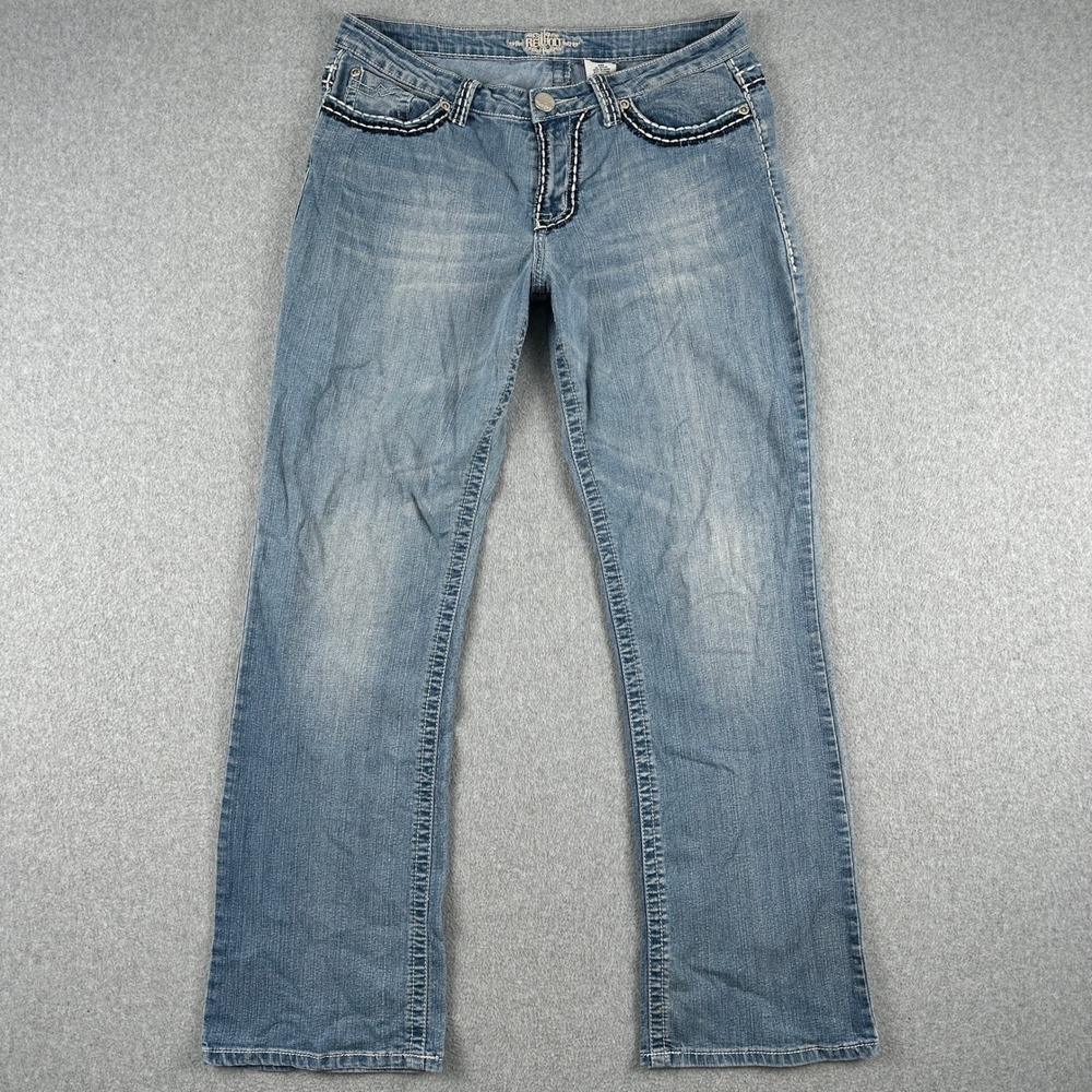 Revolt Jeans Women 10 Blue Denim Bootcut Thick Stitch Embellished Pockets Y2K